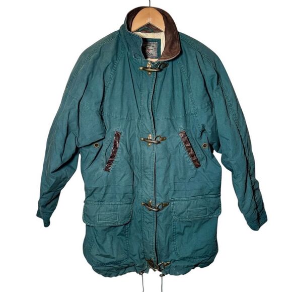 Vintage 90s New York Style Full Zip Green Chore Barn Coat Leather Collar Women M - Picture 1 of 4